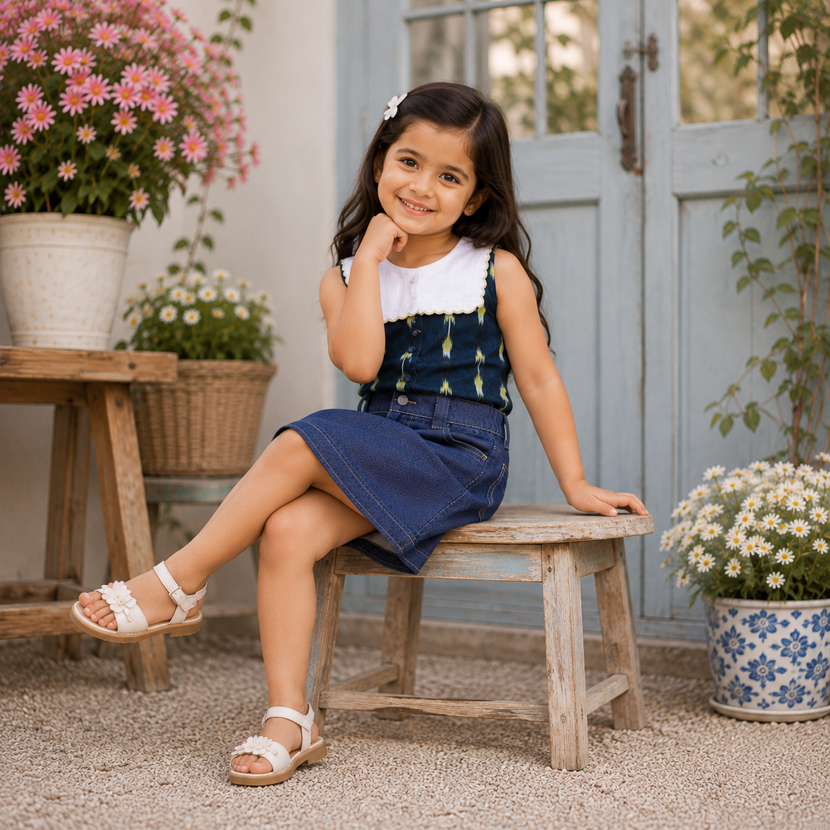 Ikat Top With White Sailor Collar & Blue Denim Skirt