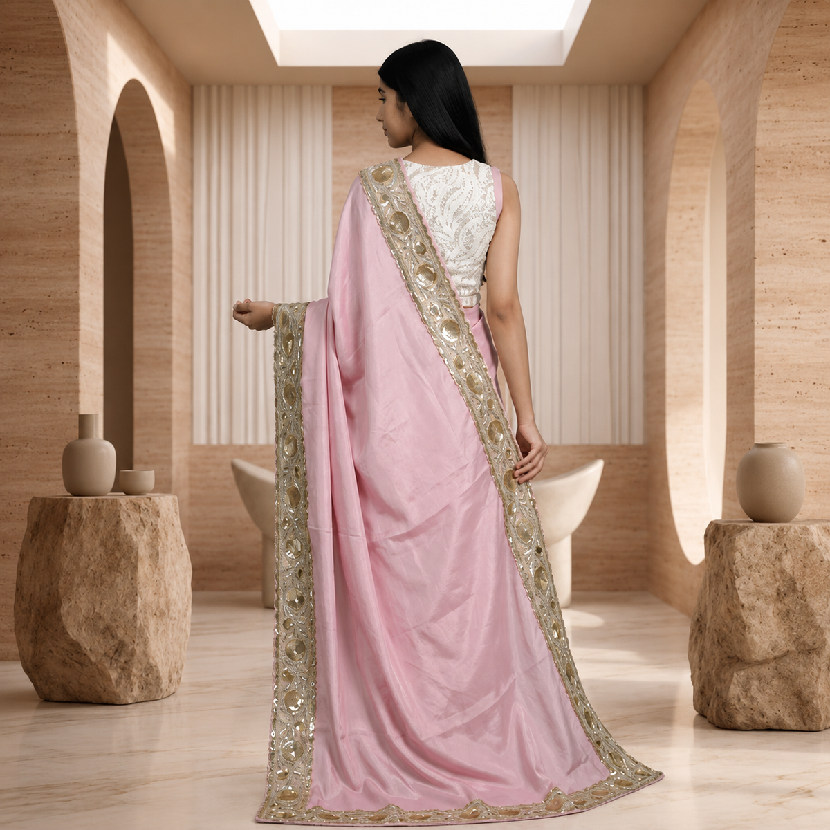 Pastel Blush Pink Silk Crepe Designer Saree for Girls