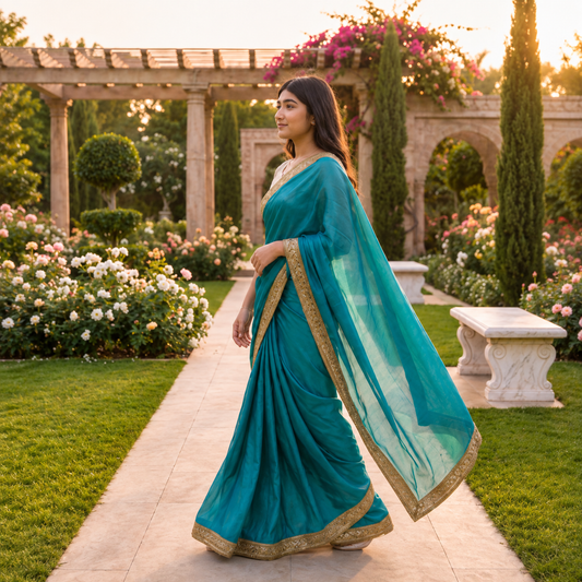 Blue Georgette Designer Saree with Gold Sequin Border & White Blouse