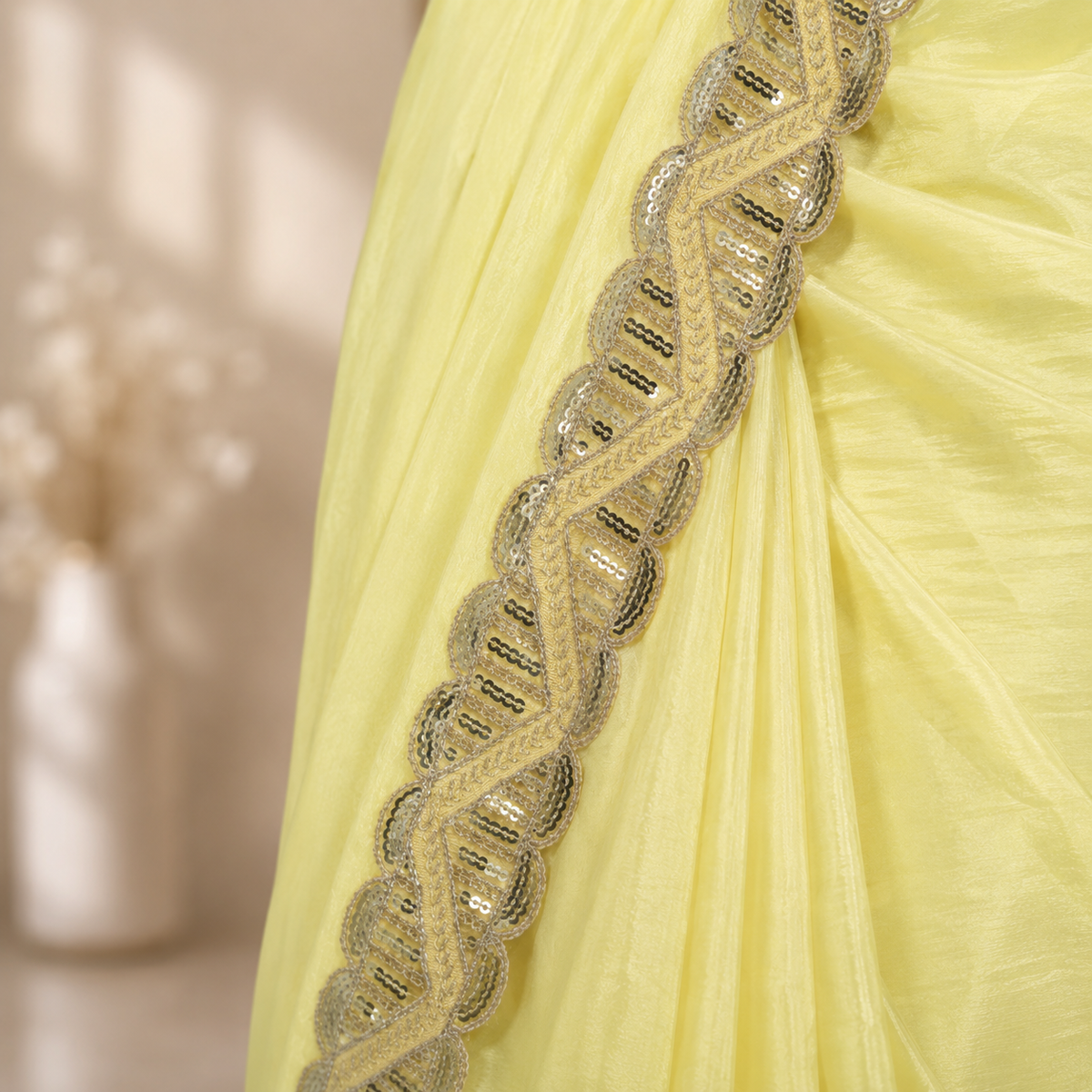 Pastel Lemon Yellow Silk Crepe Designer Saree for Teen Girls