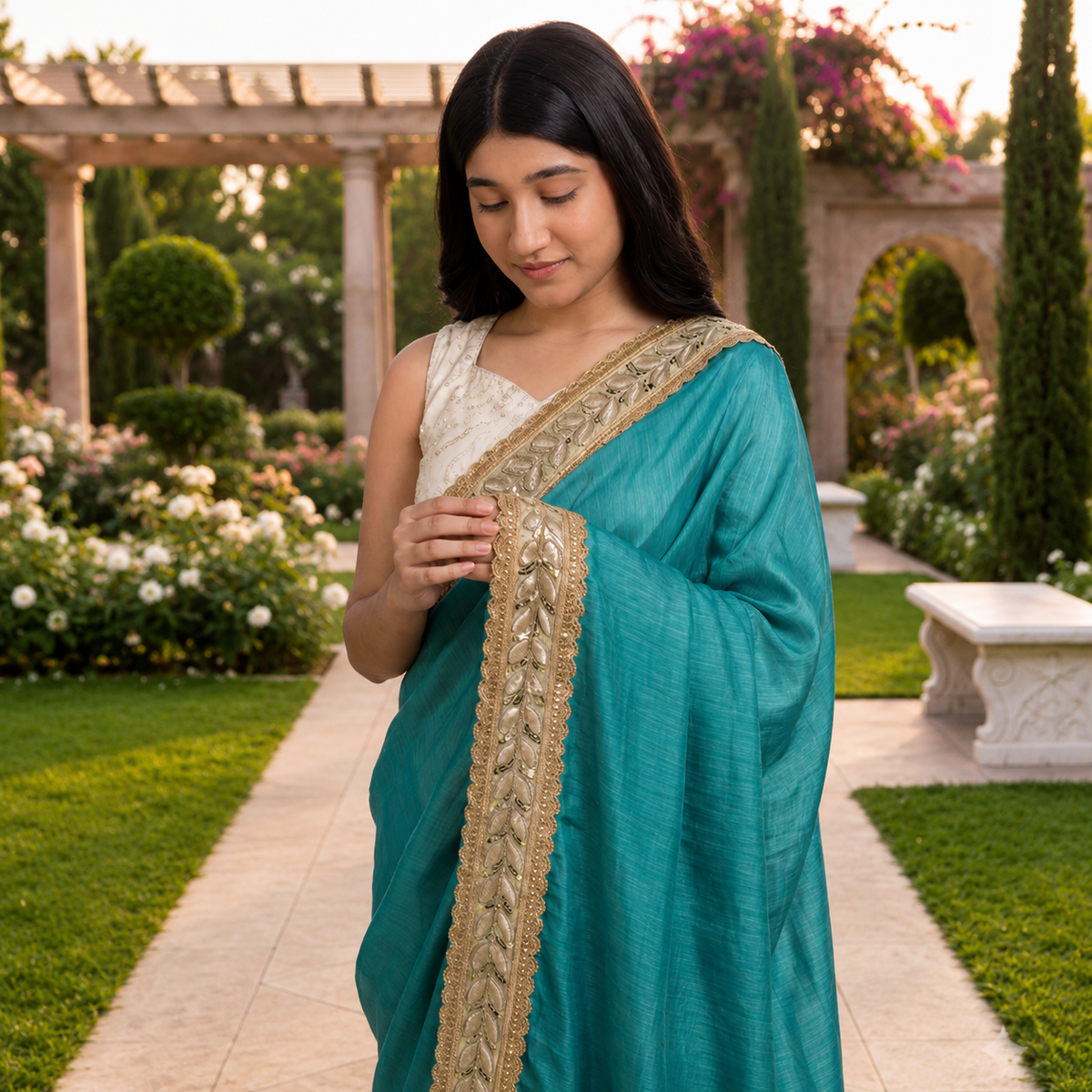 Blue Georgette Designer Saree with Gold Sequin Border & White Blouse