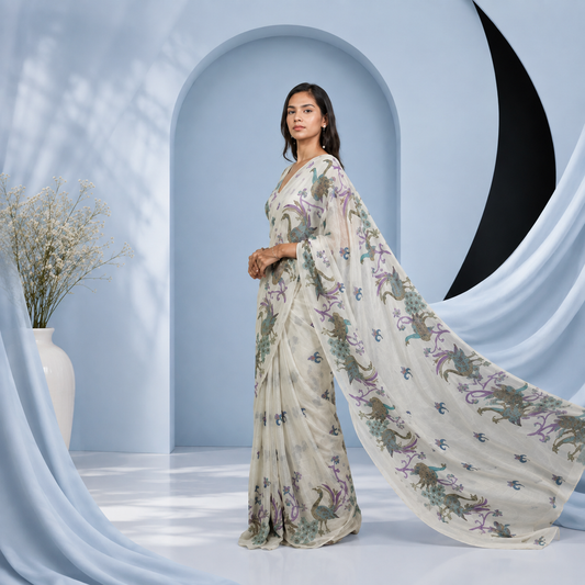 Peacock Teal Silk Crepe Designer Saree for Girls