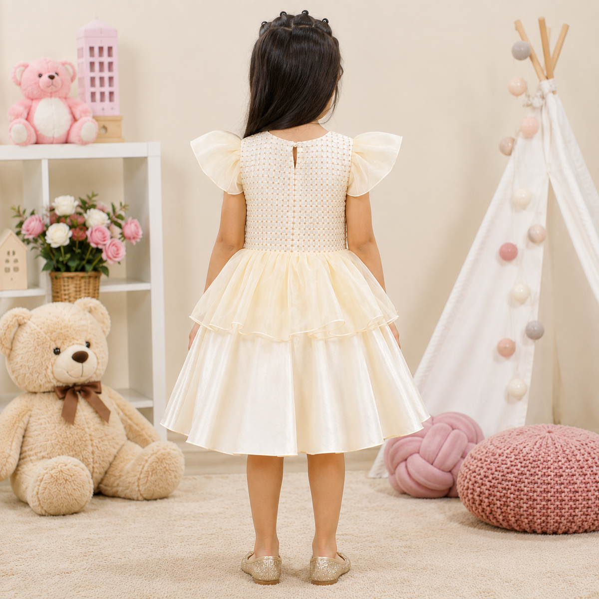 Cream Beaded Top Dress with Satin Skirt and Gold Organza Overlay