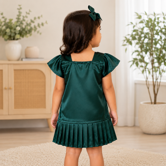 Girls Green Satin Dress – Elegant Party & Festive Wear
