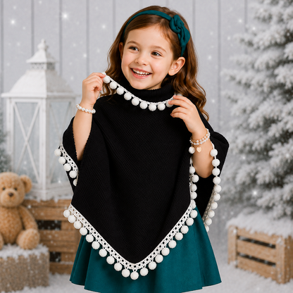 Black Poncho With White Pompom