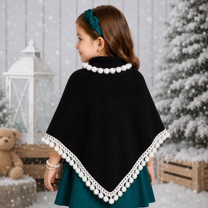 Black Poncho With White Pompom