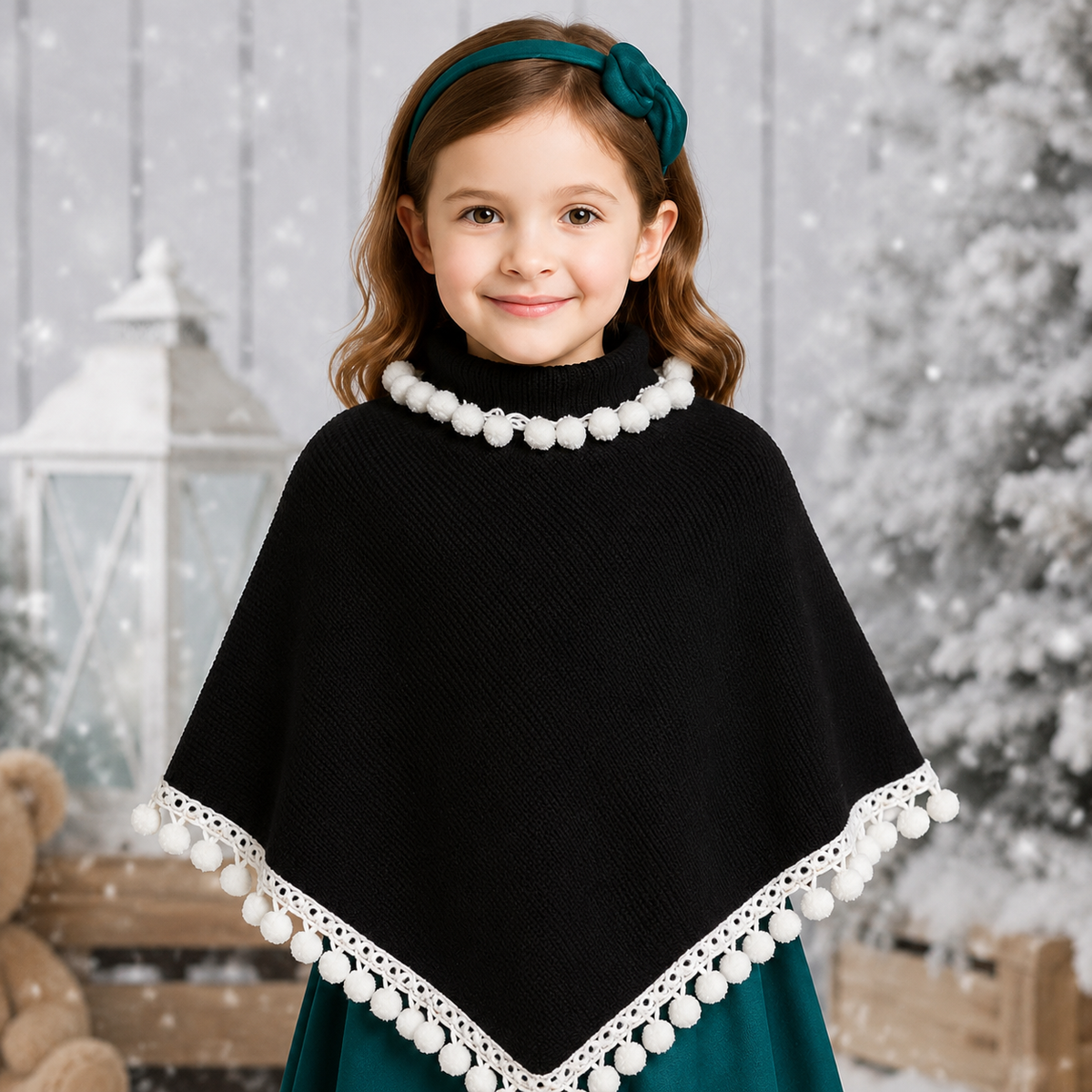 Black Poncho With White Pompom