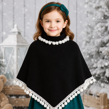 Black Poncho With White Pompom