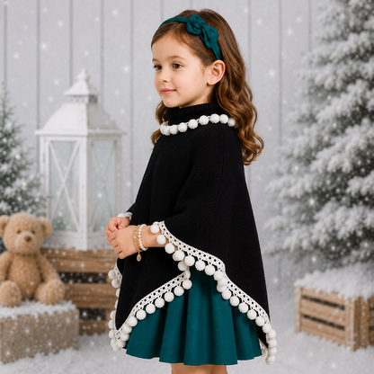 Black Poncho With White Pompom