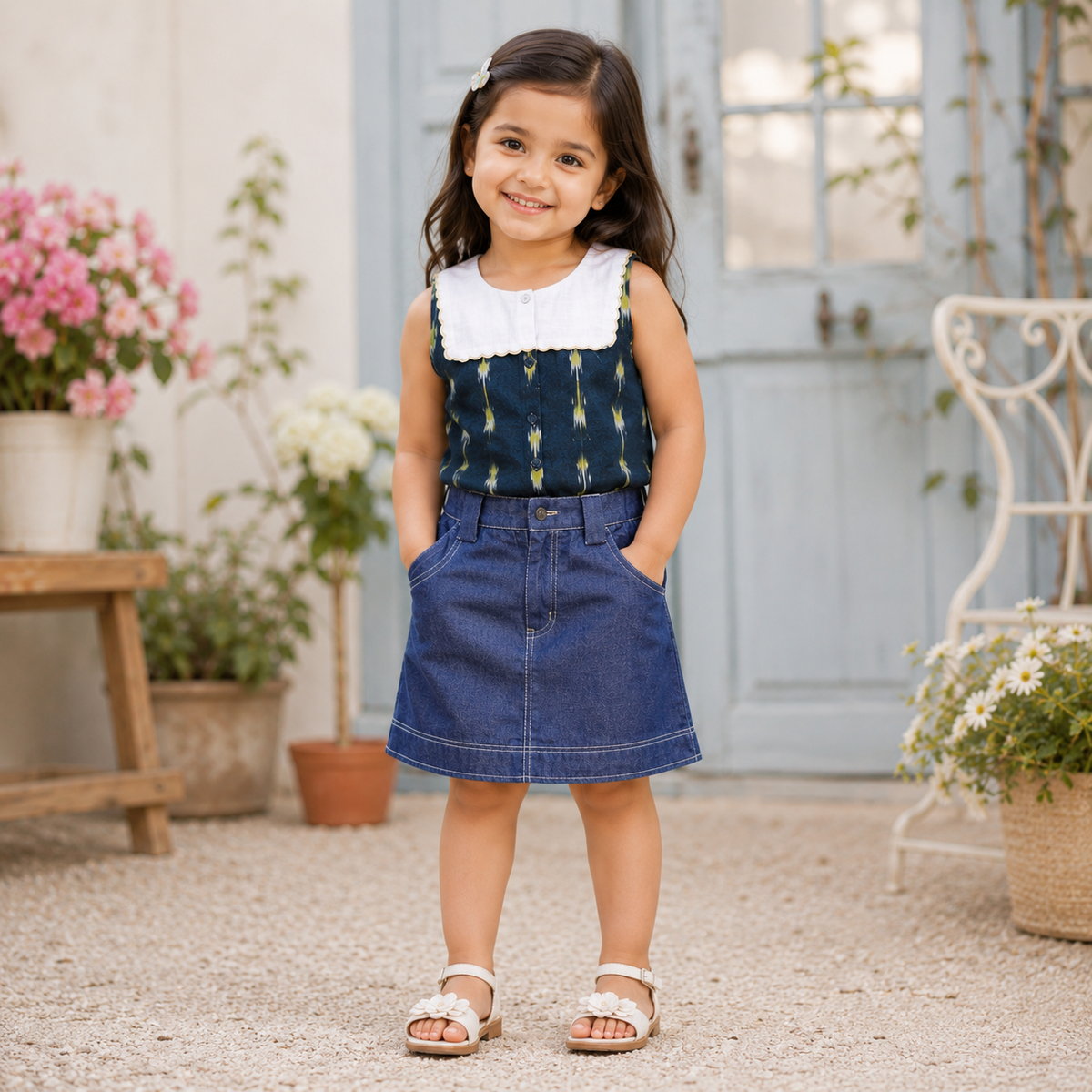 Ikat Top With White Sailor Collar & Blue Denim Skirt