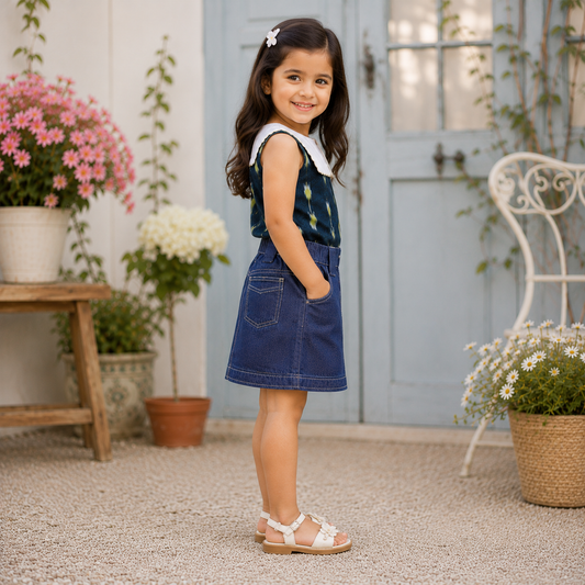 Ikat Top With White Sailor Collar & Blue Denim Skirt