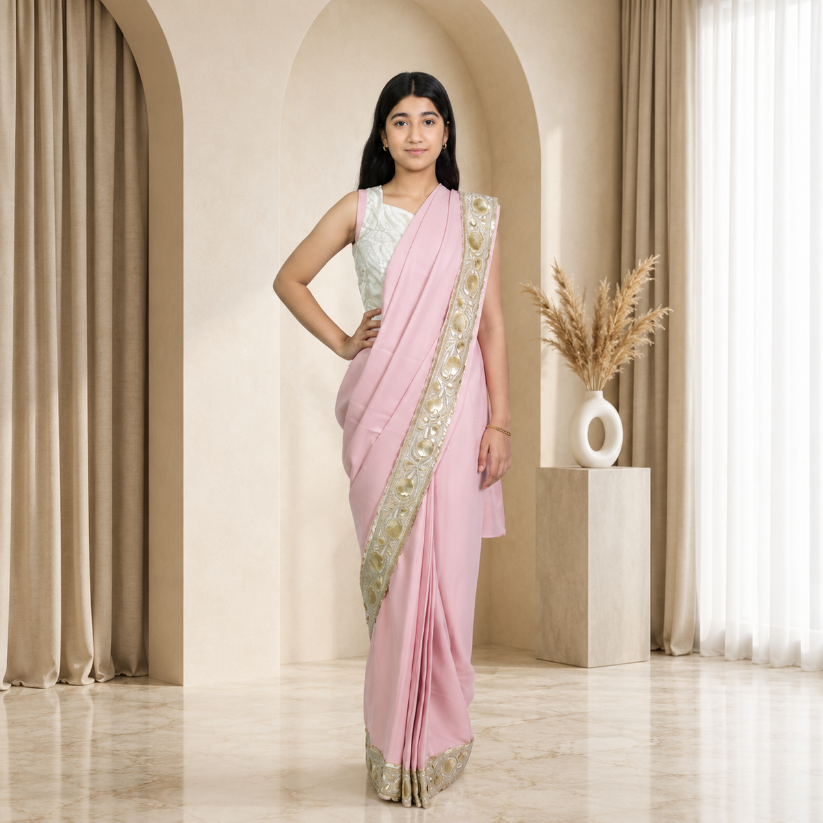 Pastel Blush Pink Silk Crepe Designer Saree for Girls