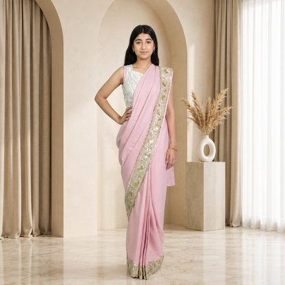 Pastel Blush Pink Silk Crepe Designer Saree for Girls