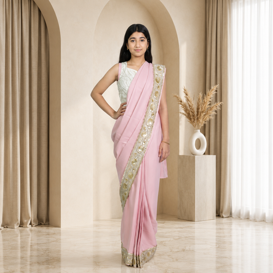 Pastel Blush Pink Silk Crepe Designer Saree for Girls