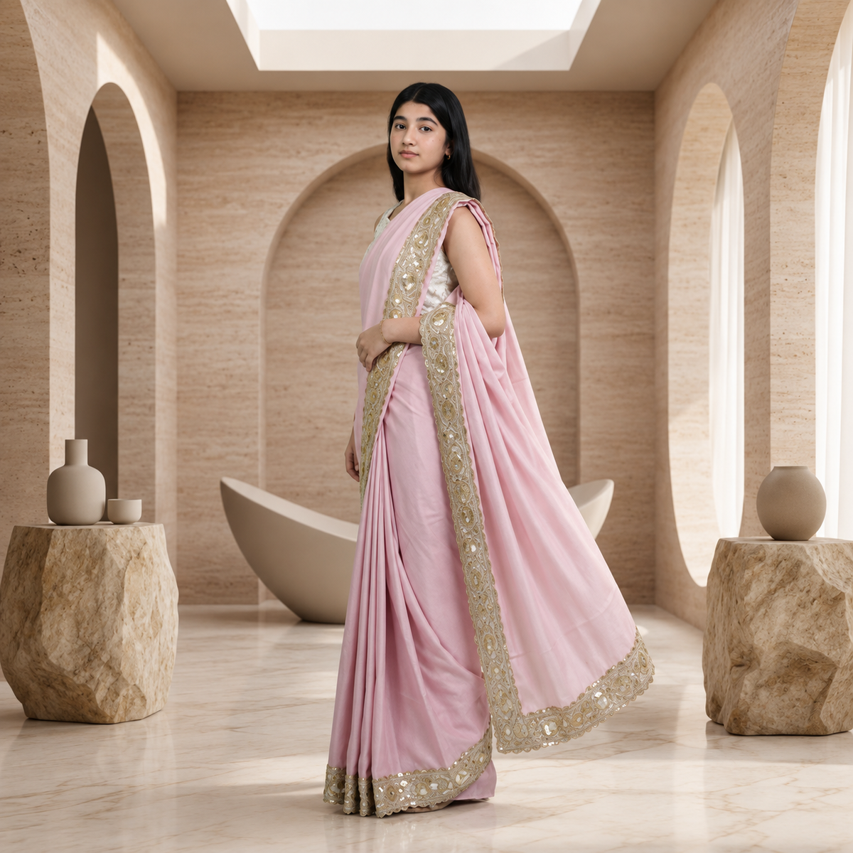 Pastel Blush Pink Silk Crepe Designer Saree for Girls