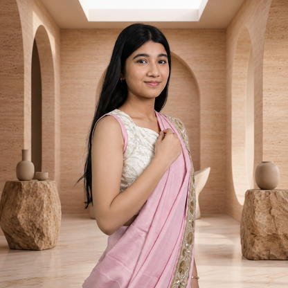 Pastel Blush Pink Silk Crepe Designer Saree for Girls