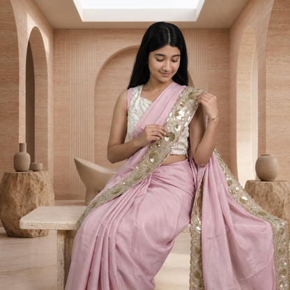 Pastel Blush Pink Silk Crepe Designer Saree for Girls