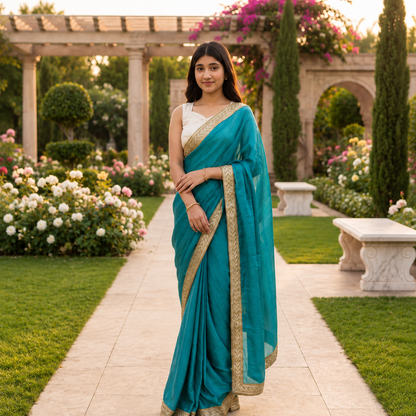 Blue Georgette Designer Saree with Gold Sequin Border & White Blouse