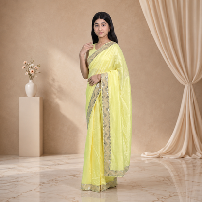 Pastel Lemon Yellow Silk Crepe Designer Saree for Teen Girls