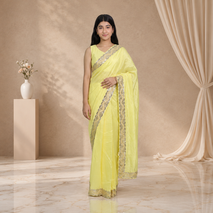 Pastel Lemon Yellow Silk Crepe Designer Saree for Teen Girls