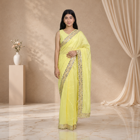 Pastel Lemon Yellow Silk Crepe Designer Saree for Teen Girls