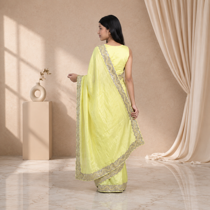 Pastel Lemon Yellow Silk Crepe Designer Saree for Teen Girls