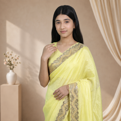 Pastel Lemon Yellow Silk Crepe Designer Saree for Teen Girls
