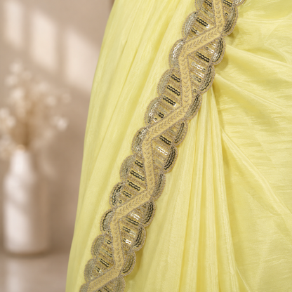 Pastel Lemon Yellow Silk Crepe Designer Saree for Teen Girls