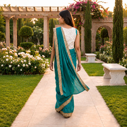 Blue Georgette Designer Saree with Gold Sequin Border & White Blouse