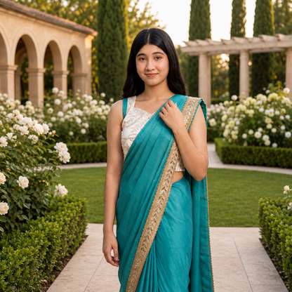 Blue Georgette Designer Saree with Gold Sequin Border & White Blouse