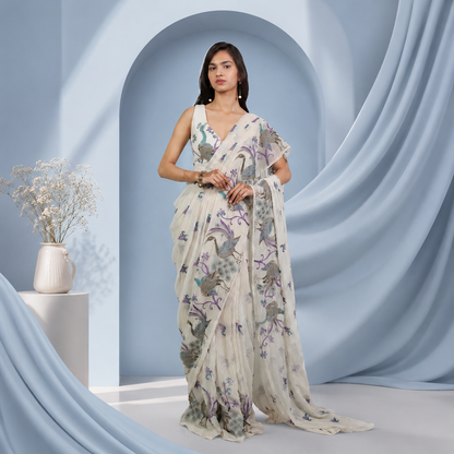 Peacock Teal Silk Crepe Designer Saree for Girls