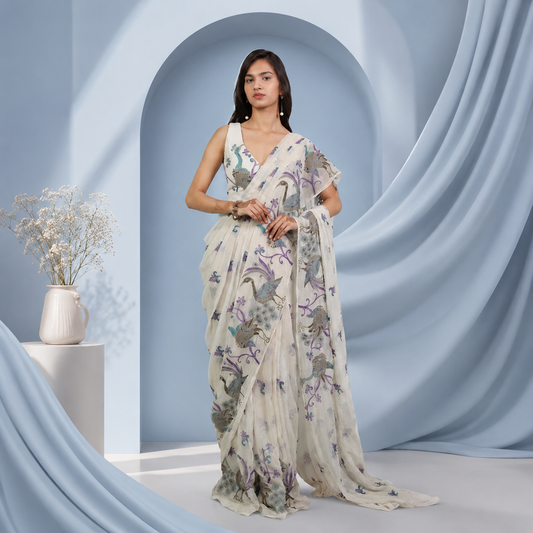 Peacock Teal Silk Crepe Designer Saree for Girls