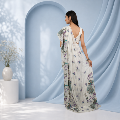 Peacock Teal Silk Crepe Designer Saree for Girls
