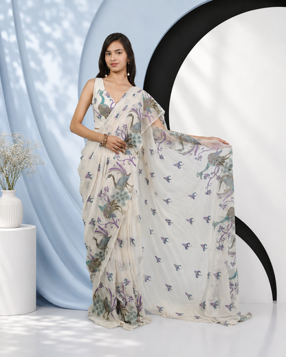 Peacock Teal Silk Crepe Designer Saree for Girls