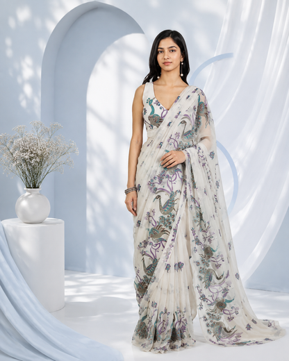 Peacock Teal Silk Crepe Designer Saree for Girls