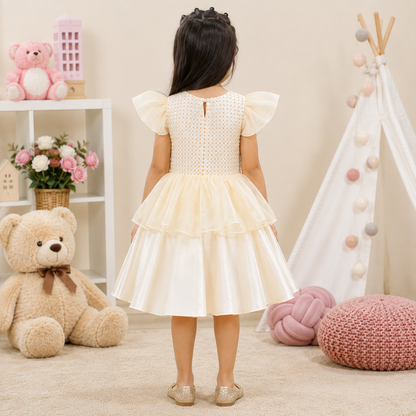 Cream Beaded Top Dress with Satin Skirt and Gold Organza Overlay