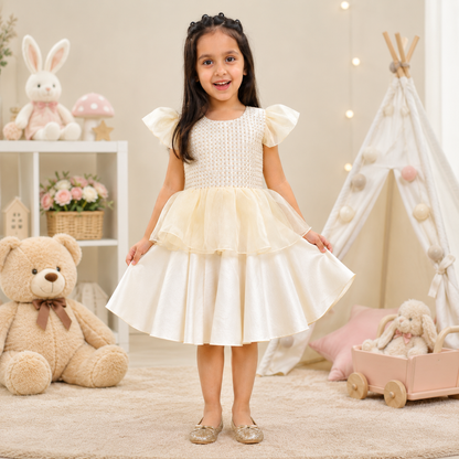 Cream Beaded Top Dress with Satin Skirt and Gold Organza Overlay