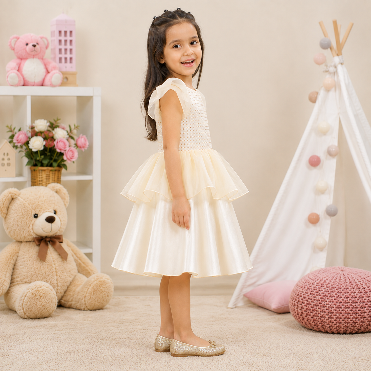 Cream Beaded Top Dress with Satin Skirt and Gold Organza Overlay