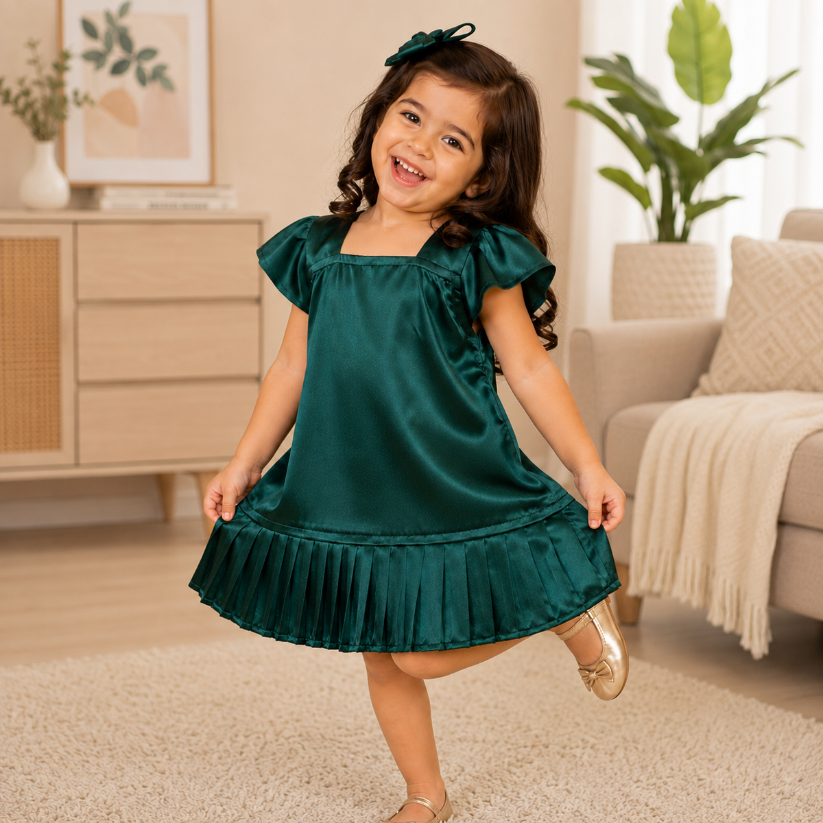 Girls Green Satin Dress – Elegant Party & Festive Wear