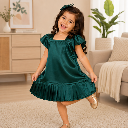 Girls Green Satin Dress – Elegant Party & Festive Wear