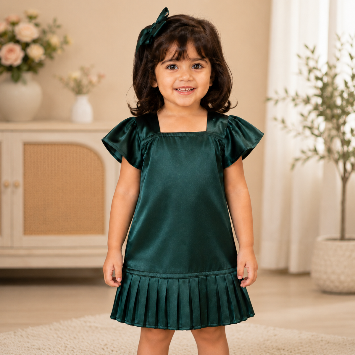 Girls Green Satin Dress – Elegant Party & Festive Wear