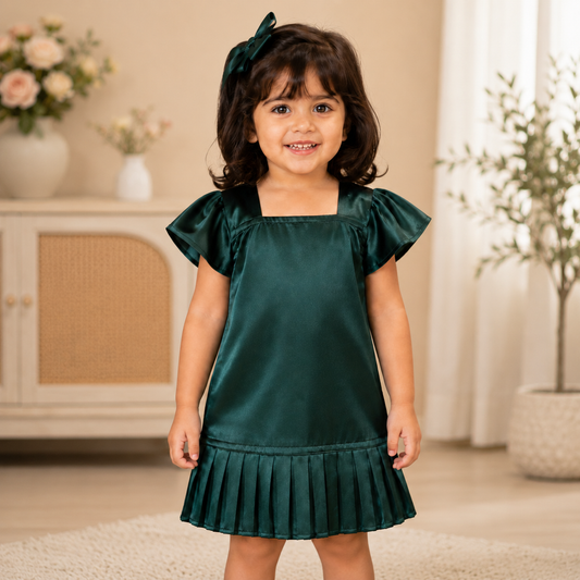 Girls Green Satin Dress – Elegant Party & Festive Wear