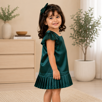 Girls Green Satin Dress – Elegant Party & Festive Wear