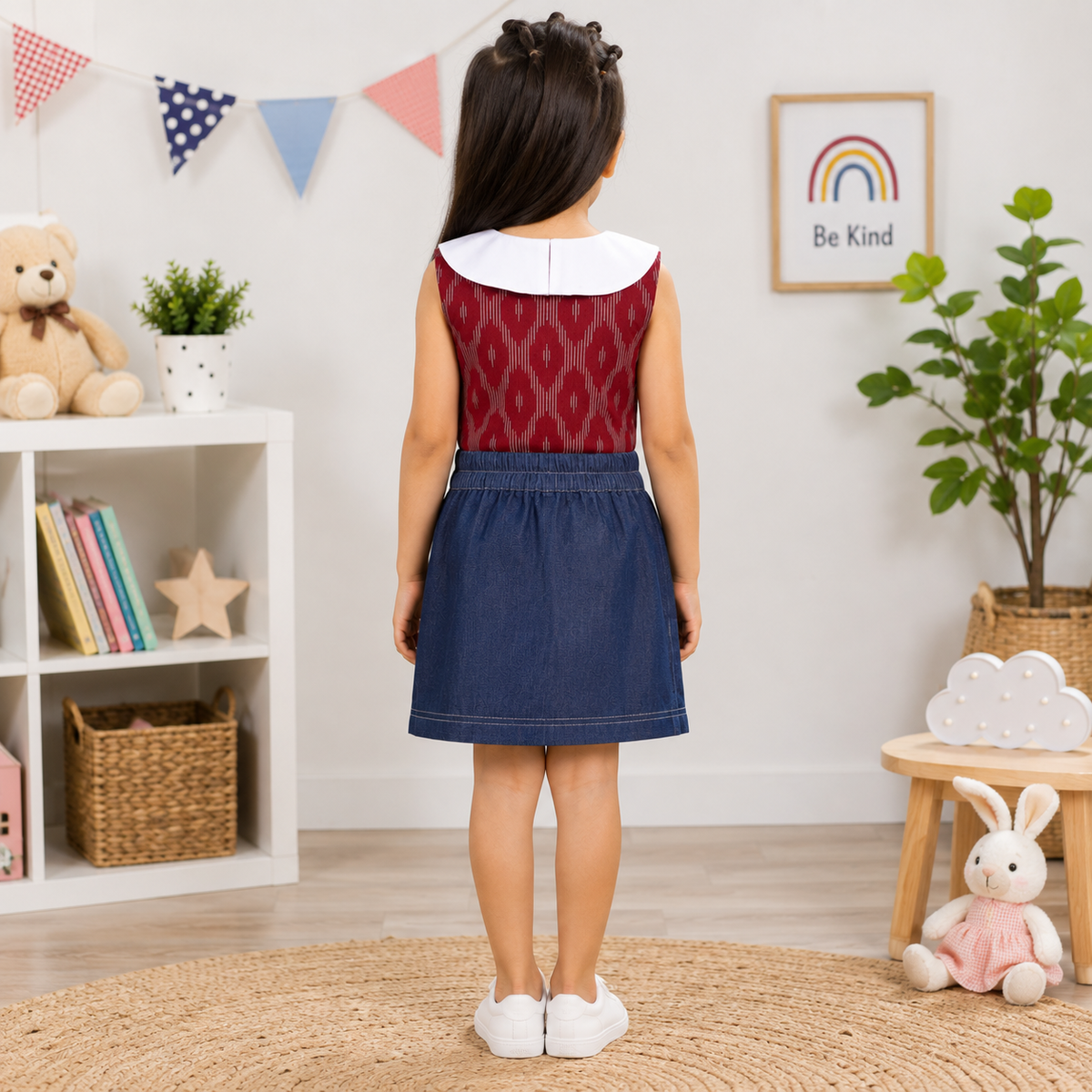 Red Ikat Top With White Collar And Denim