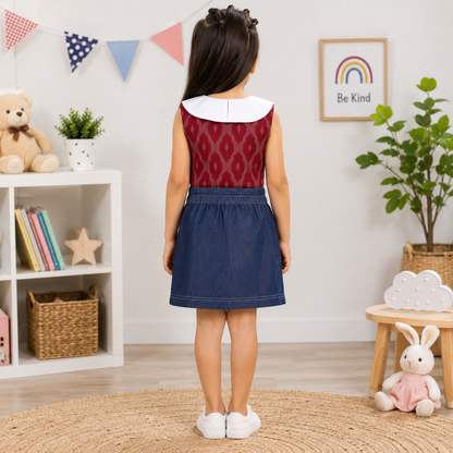 Red Ikat Top With White Collar And Denim