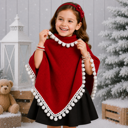 Red Poncho with White Pompom