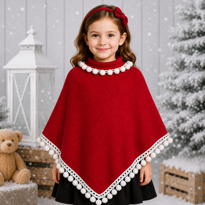 Red Poncho with White Pompom