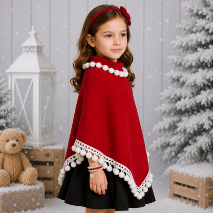Red Poncho with White Pompom